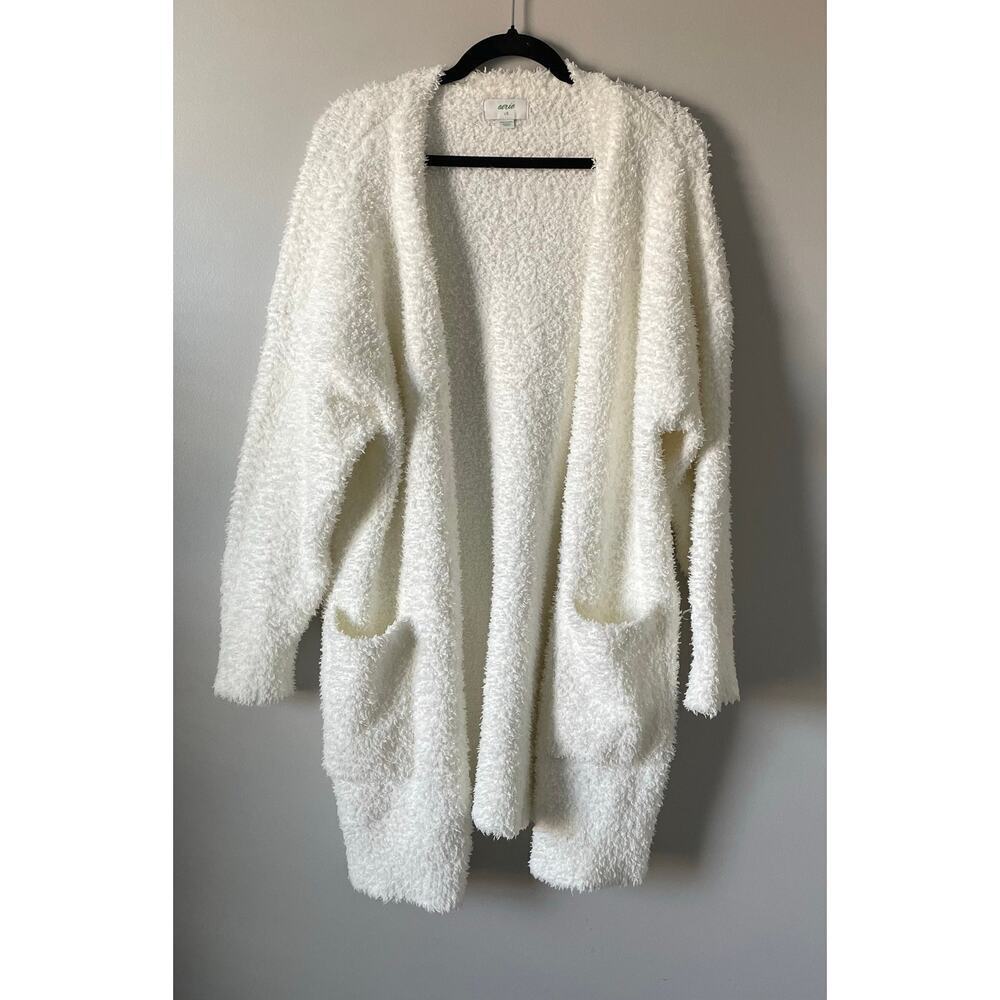 Aerie Boucle Knit Marshmallow Fuzzy White Cardigan Sweater sz L